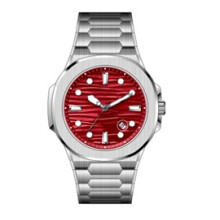 Quartz Silver Steel Strap Red Dial Mens Watch