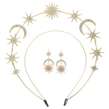 Bridal Headpiece Sunburst Moon and Star Crystal Tiara for Wedding Prom Pageant with Earrings