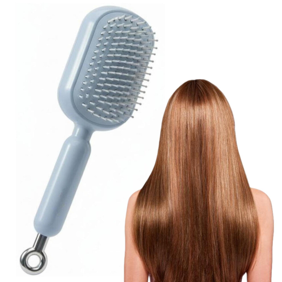 Blue Self Cleaning Hair Brush With Retractable Bristles, Anti Static Detangling And Scalp Massage,