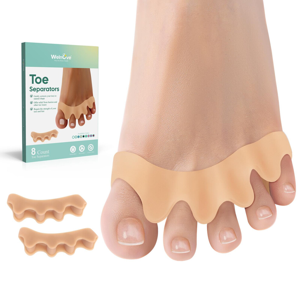 Welnove Toe Spacers - 8 Pack Silicone Toe Spacers To Correct Your Toes - Aloe Vera Infused Toe Straighteners For Bunion, Hammertoe - Toe Stretchers