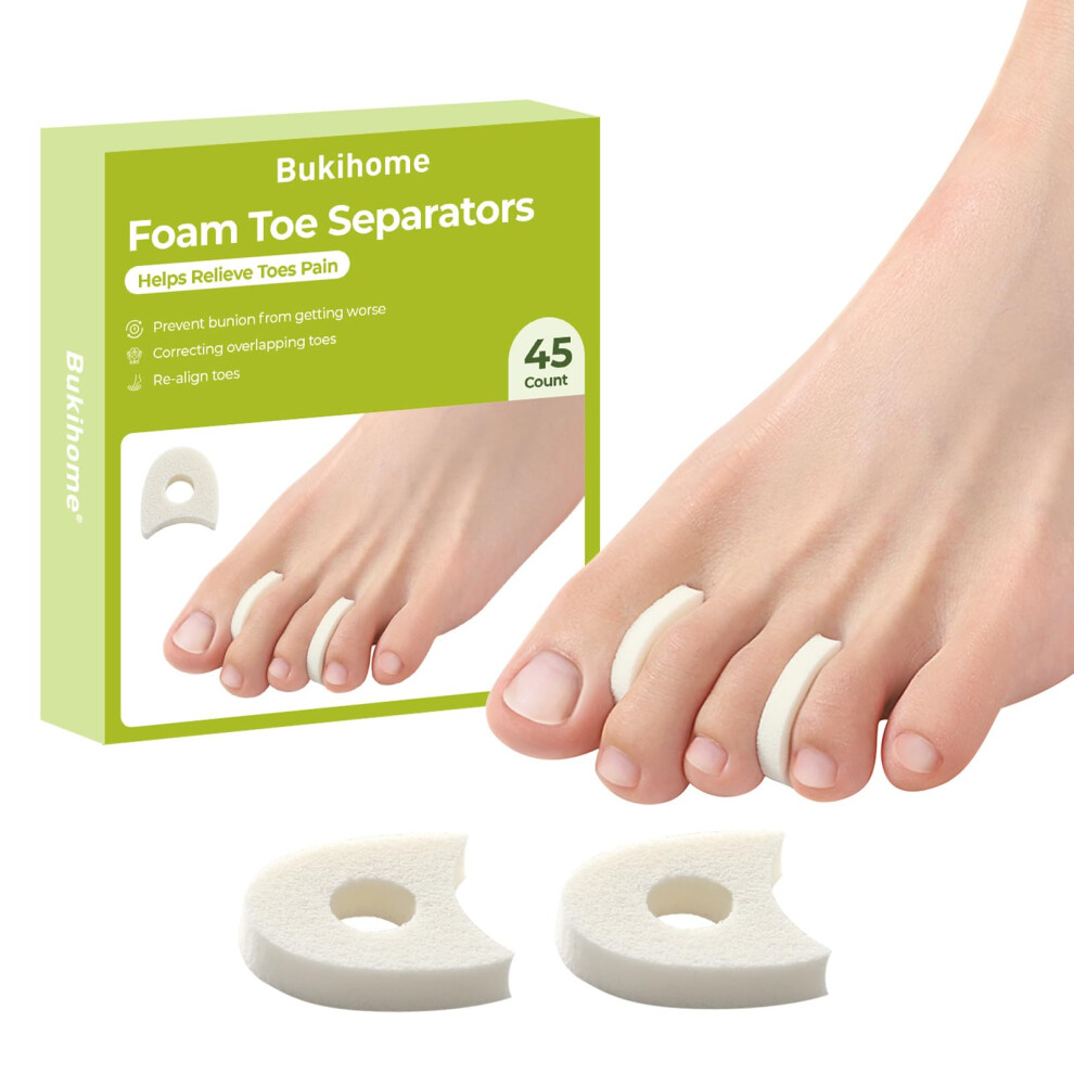 Bukihome 45 Pack Foam Toe Separators,Breathable Toe Spacers, Reduce Friction And Relieve Corns Pain, Overlapping Toes Corrector - (White)