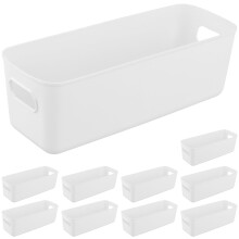 PINGEUI 10 Pack White Plastic Storage Basket with Handle, Narrow Cupboard Storage Boxes, Rectangular Organiser Boxes for Bathroom kitchen Office, 28 x