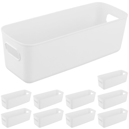 PINGEUI 10 Pack White Plastic Storage Basket with Handle, Narrow Cupboard Storage Boxes, Rectangular Organiser Boxes for Bathroom kitchen Office, 28 x