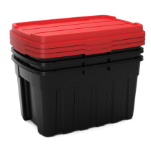 Keter Tuff Box 3x 140L Storage Boxes with Lid, Durable, Water Resistant, Large Capacity, Stackable, Black/Red
