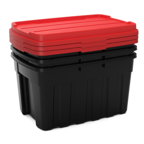 Keter Keter Tuff Box 3x 140L Storage Boxes with Lid, Durable, Water Resistant, Large Capacity, Stackable, Black/Red