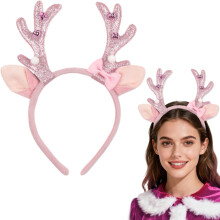 Christmas Headband Pink Reindeer Antlers with Plush Ears Glitter Holiday Party Hair Accessory