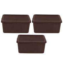 Set of 3 Small 7L Plastic Knitted Storage Basket with Lid, Stackable Organiser Lidded Bin Box for Nursery, Kids, Closet, Shelf, Shelves and Bathroom