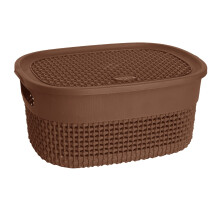 M1SS Plastic Storage Basket With Lid and Handle Oval Shape Shelf, Bathroom Basket Knit Design Toy Boxes Multi Colour Plastic Organiser ETC Baskets For