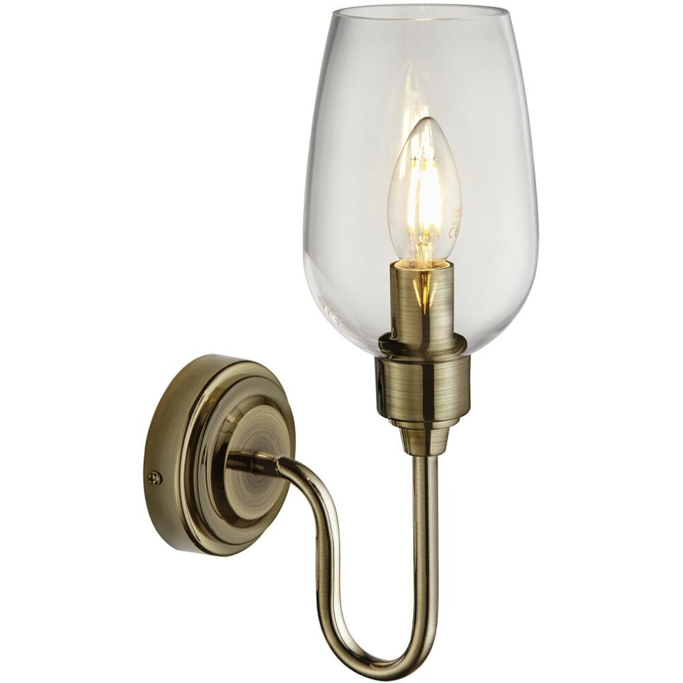 Loops Antique Brass Dimmable Wall - Clear Glass Shade - 6W Led E14 Candle Light