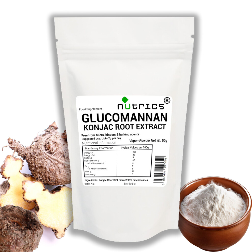Nutrics Nutrics? 50G Glucomannan Konjac Root Extract Powder 30:1 Etract 95% Glucomannan Standardised - 100% Pure No Fillers Binders Or Bulking Agents 50G