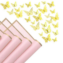 20 Sheets Gold  Flower Wrapping Paper With 48 Pcs 3D Gold Butterfly Stickers, Florist Bouquet DIY