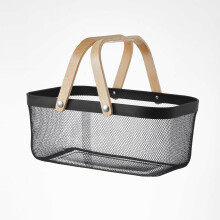 Eden & Willow Mesh Wire Metal Storage Basket with Wooden Handle - Versatile Organiser for Kitchen, Bathroom, Office - Stackable & Durable (Black,