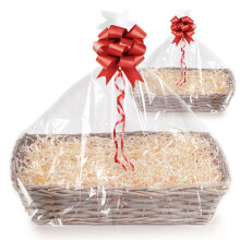 Woodluv Set of 2 Handwoven Wicker Gift Hamper Baskets, Grey Finish with Red Ribbon, DIY Empty Hamper Kit, Stylish Storage & Presentation Basket for