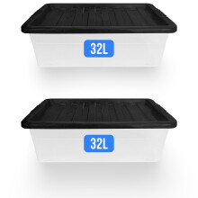 KAPCO 32 Litre Underbed Storage Box with Lid (Set of 2) - Medium Clear Plastic Containers for Bedroom, Shoe, Toy, Craft, Kitchen, Office - Stackable