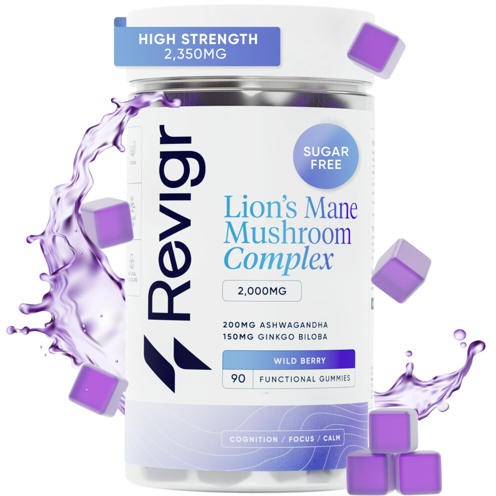 Revigr , 2000Mg, 90 Lion's Mane Mushroom Gummies, + 200Mg Ashwagandha, + 150Mg Ginkgo Biloba, Nootropics For Cognition, Mood, Immunity & Inflammation,