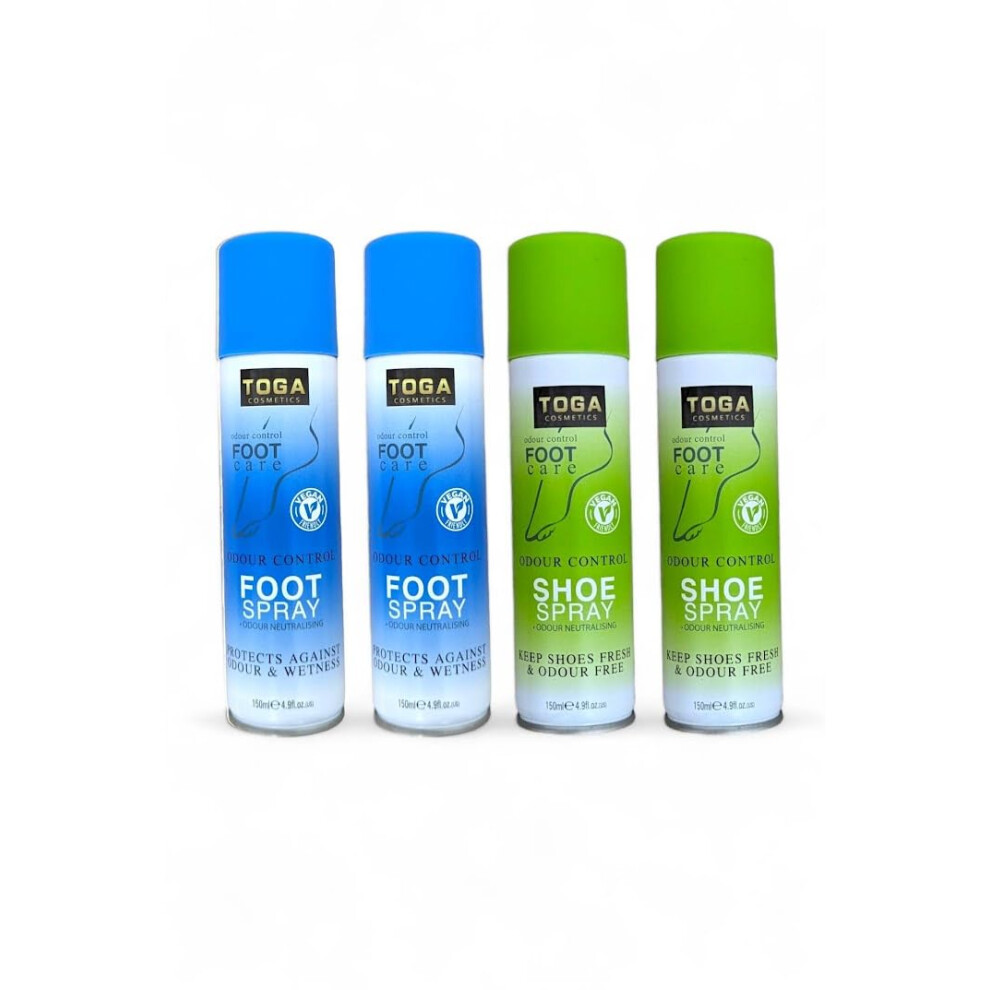 Toga Cosmetics Toga Odour Control Shoe & Foot Antibacterial Deodorant Spray 150Ml Per Can (Pack Of 4) 2 Cans Of Shoe Spray And 2 Cans Of Anti Smell Foot Odor Spray