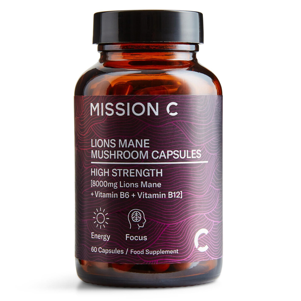 Mission C Lions Mane Mushroom Capsules 8,000Mg With Added Vitamin B6 And B12 | Nootropic Supplement For Cognition, Mood, Immunity & Inflammation | 60 Two-A-Day