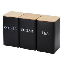 3Pcs Three-Piece Sealed Cans Simple Style Bamboo Lid Iron Tea Can Snack Storage Coffee Bean Square Can,Black