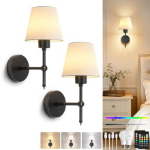 Dehobo Battery-Operated Wall Lights with Fabric Shade, Rechargeable LED Wall Sconces Set of 2, Dimmable Wireless Lamp with 3 Color Temperature, 12 RGB