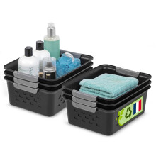 Iris Ohyama, Versatile Plastic Shelf Baskets, Open Top, Black, 5L, Set of 6, Nestable, Ventilation, Visible Content, For Bathroom, Toys, Groceries,