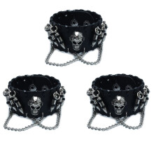 3X Schwarzer Herren Gotisch PU LEDer Kugel Totenkopf Kette Armband Armbaender fuer Maenner