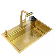 Elegante, goldfarbene Wasserfall-Küchenarmatur mit Nano-304-Edelstahl-Aufbauspüle für ein Becken – 4-Funktions-Design