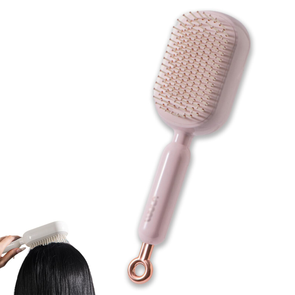 Unisex Pink Self Cleaning Hair Brush With Retractable Bristles, Gentle Scalp Massage Comb For Long Hair Travel
