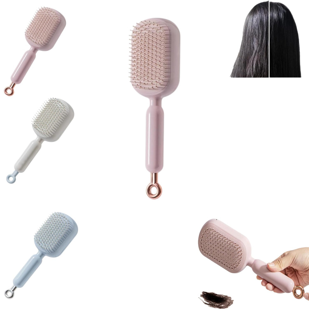 Pink Self Cleaning Hair Brush With Retractable Cushion For Gentle Detangling And Scalp Massage Â