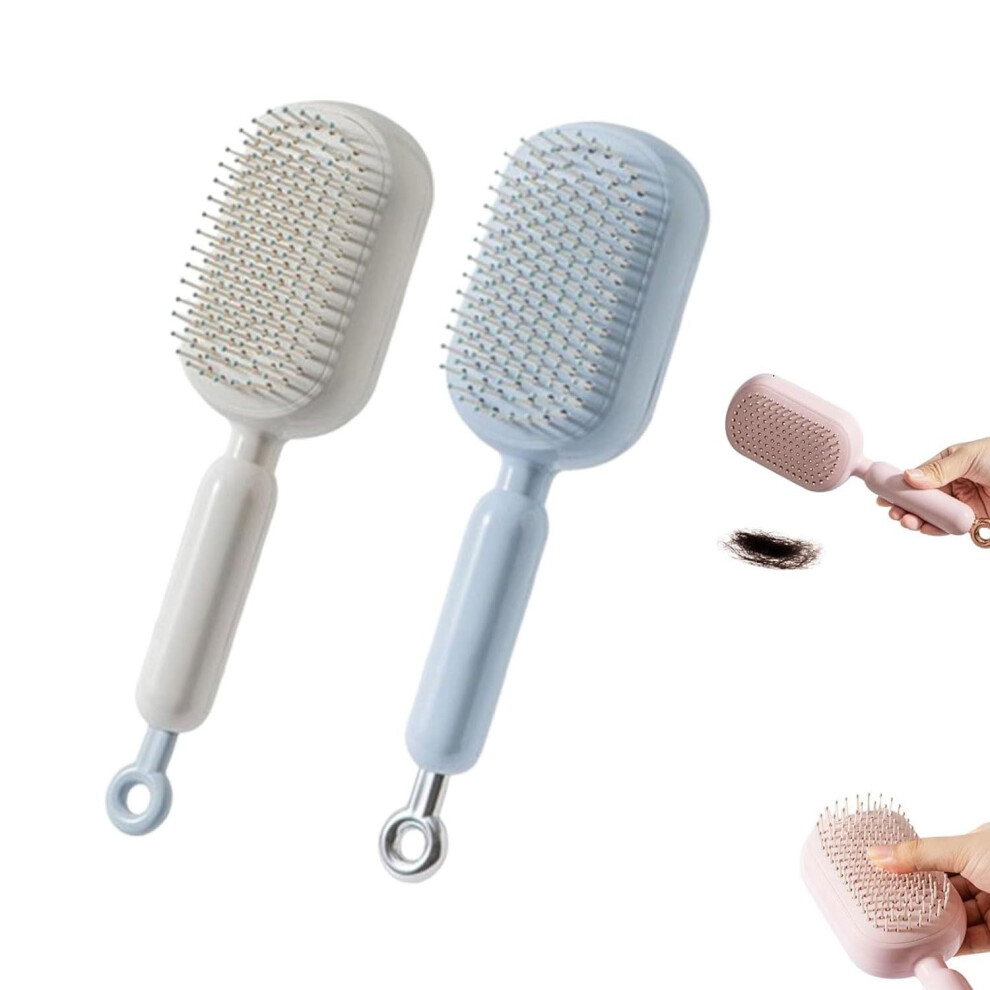 Self Cleaning Retractable Hair Brush with Massage Bristles for All Hair Types Blue and White