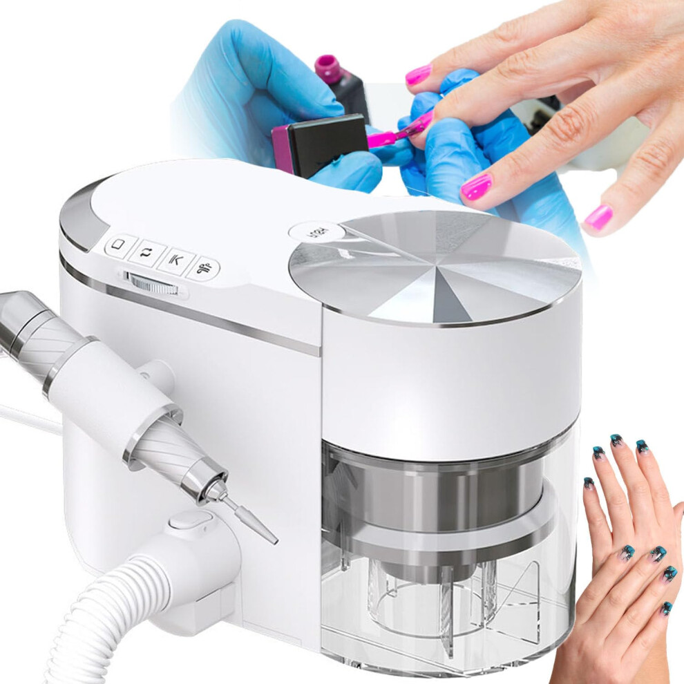 White 2 In 1 Electric Nail Drill And Dust Collector 30000Rpm Professional File Strong Suction
