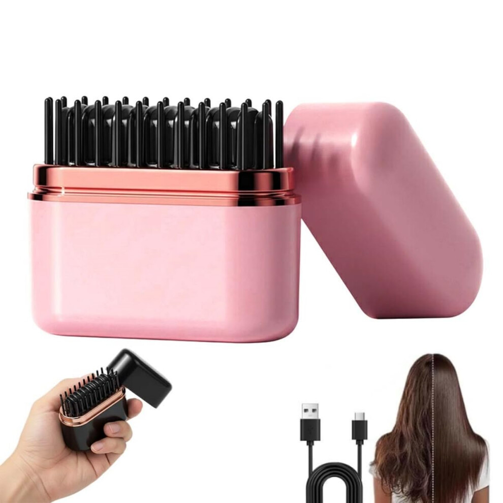 Pink Mini Hair Straightener Brush, Rechargeable Cordless Fast Styling Comb With 3Speed Heat, Travel Size For Women