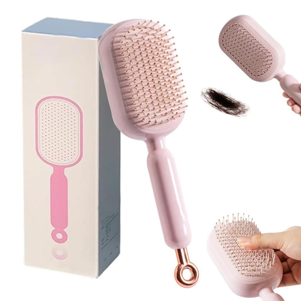 Pink Self Cleaning Retractable Hair Brush With Oneclick Cleaning And Scalp Massage For All Hair Types