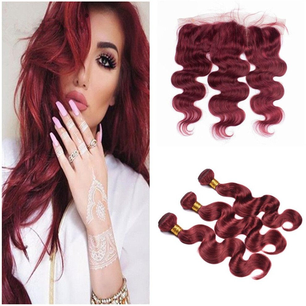 Unisex Red Brazilian Virgin Human Hair Burgundy 99J Body Wave Bundles With 13X4 Lace Frontal, 3Pcs