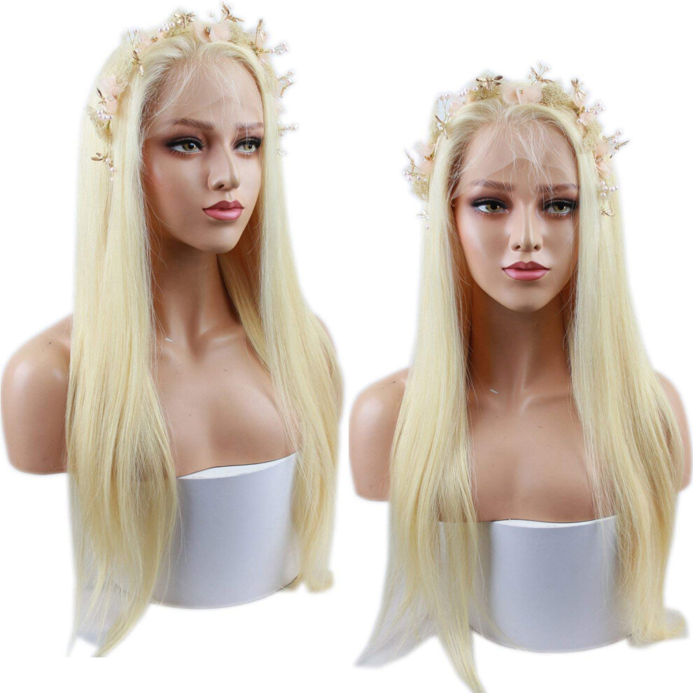 Unisex 613 Blonde Lace Front Wig Brazilian Remy Human Hair Glueless Straight With Bleached Knots 8 Inch