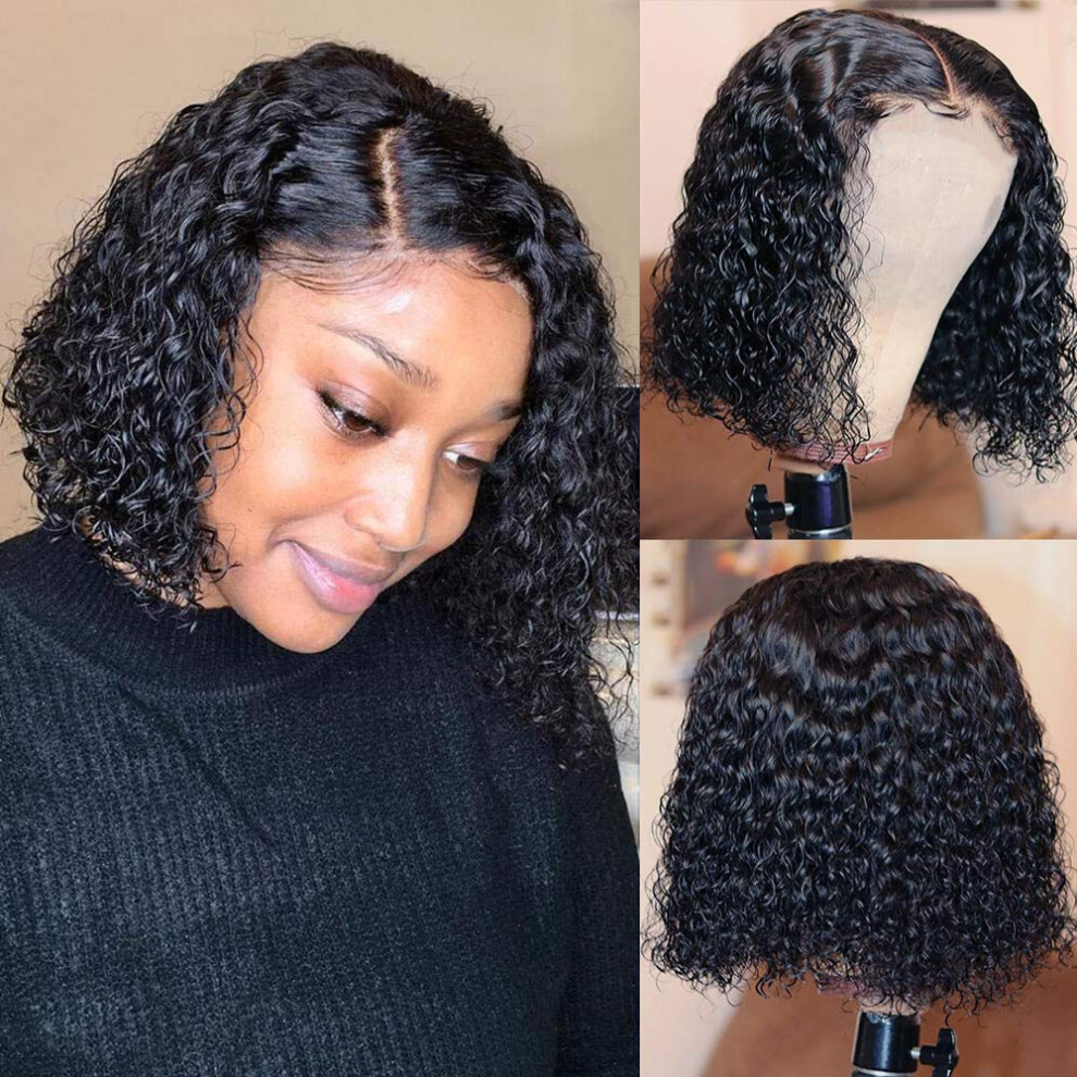 Unisex Black Short Curly Bob Wig 4X4 Lace Closure Human Hair 8 Inch Brazilian Remy Natural Hairline For Women 1B Color
