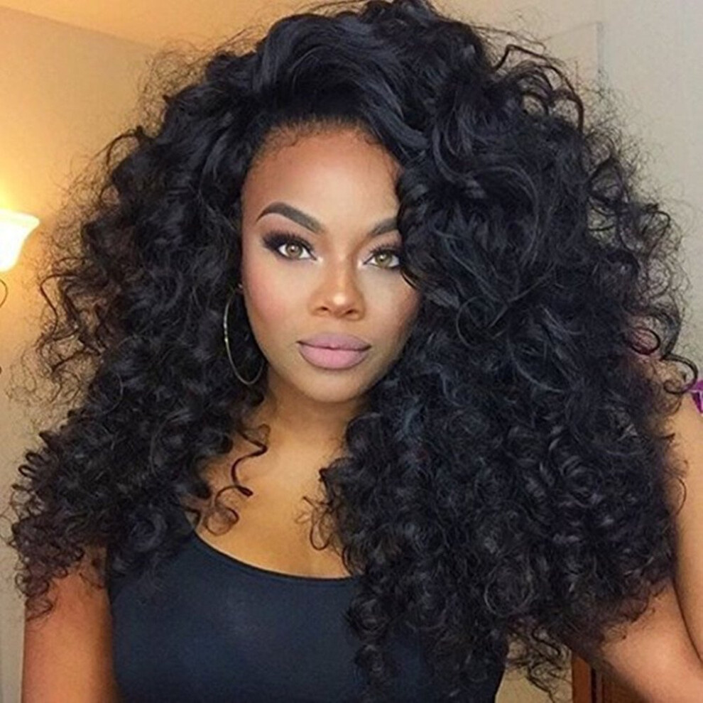 Unisex Black Curly Wig With Natural Hairline, Heat Resistant Synthetic Long Curly Wig For Daily Wear