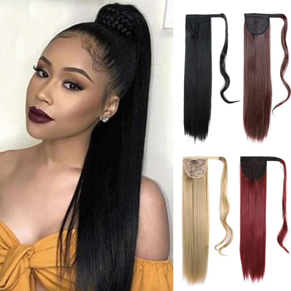 Ponytail Hair Extension Clip In Straight Wrap Around Hairpiece Natural Black Dark Auburn 99J