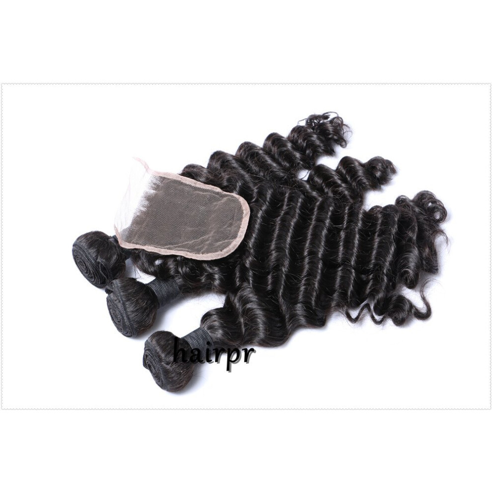 Peruvian Virgin Human Hair Deep Wave Bundles with 4x4 Lace Closure Natural Color 1014 Inch