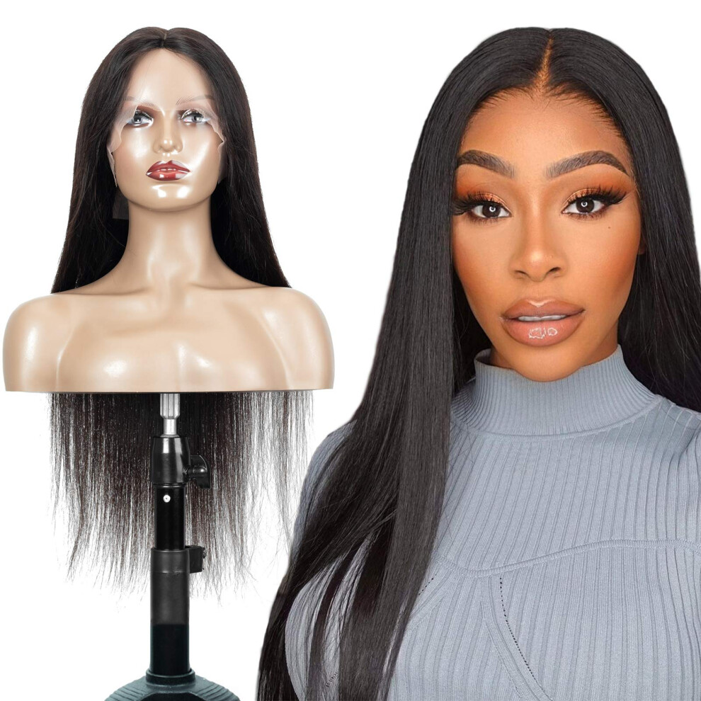 Unisex Long Straight 24 Inch 1B Brazilian Virgin Human Hair Lace Front Wig 150 Density Natural Hairline