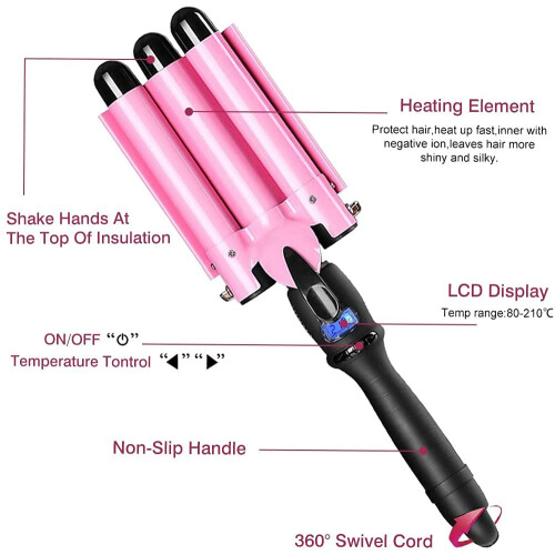 Automatic Rotating Curling Wand with LCD Display, Adjustable Temperature, Ceramic, Pink 1