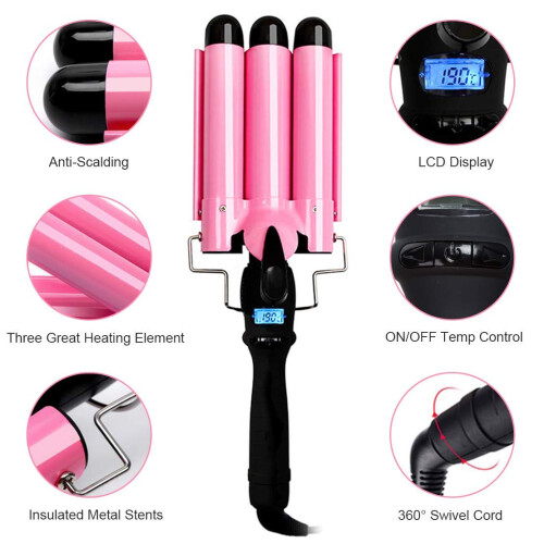 Automatic Rotating Curling Wand with LCD Display, Adjustable Temperature, Ceramic, Pink 2
