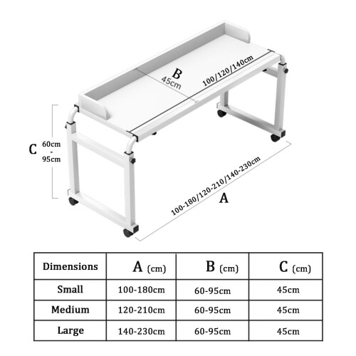 Adjustable Overbed Table with Wheels, Rolling Laptop Desk for Bedside, Modern White 120210cm 1