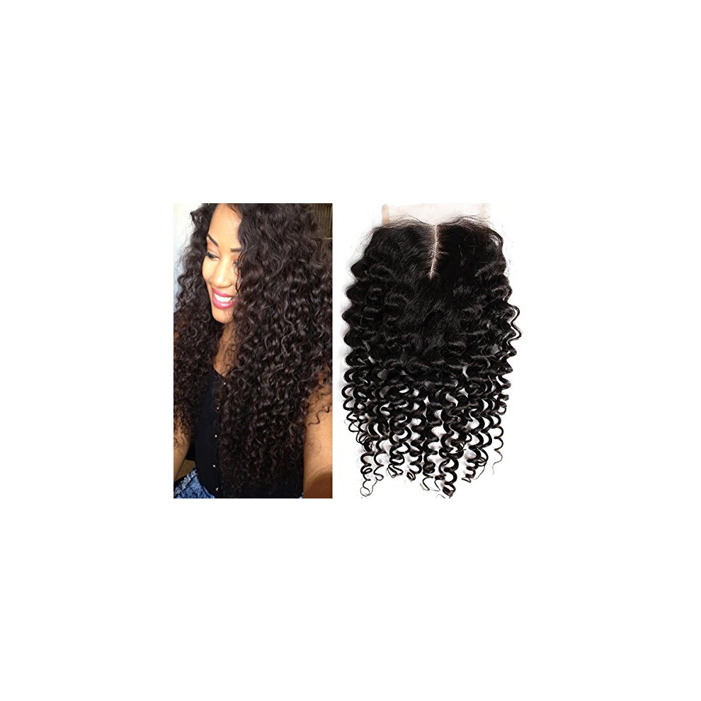 Unisex Black Brazilian Virgin Hair Lace Closure Curly Wave 4X4 Middle Part Natural Human Hair 14 Inch