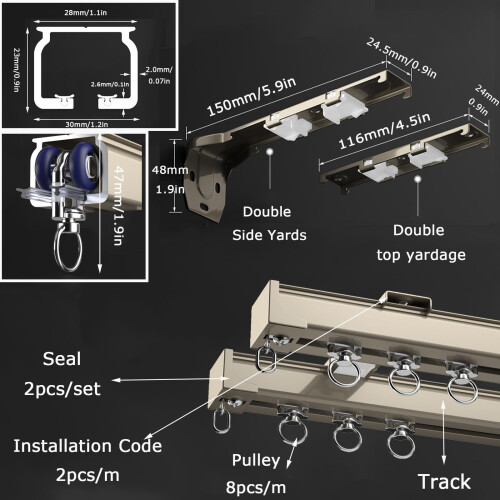 Double Curtain Track Rail 2m Champagne Aluminum Ceiling or Wall Mount Heavy Duty Smooth Glide Design 1