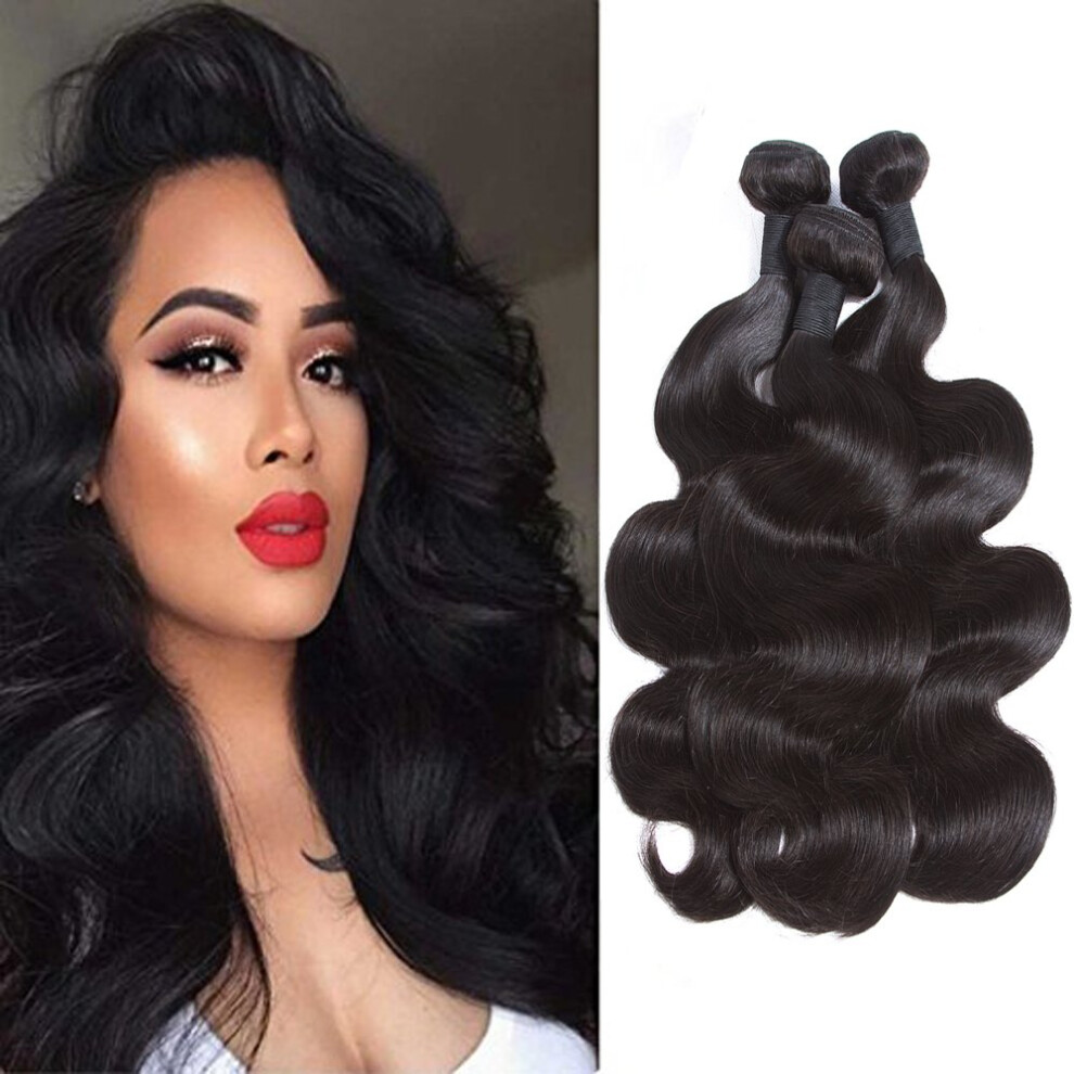 Unisex Black 8A Brazilian Body Wave Virgin Human Hair 3 Bundles Natural Double Weft Dye Bleach Friendly