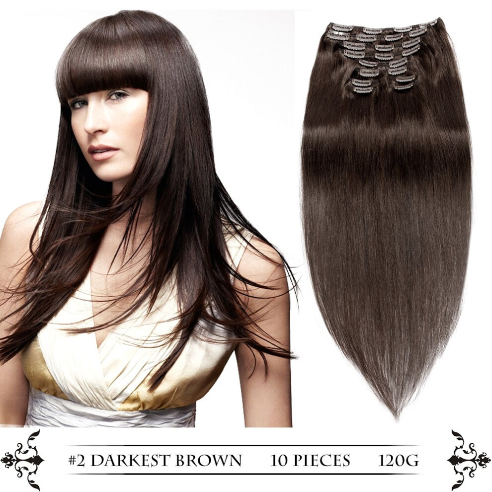Unisex Brown 26 Inch Darkest Clip In Human Hair Extensions 200G Full Head Remy For Instant Volume