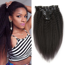 Kinky Straight Clip In Hair Extensions Human Hair 16 Inch Natural Black Double Weft for Black Women