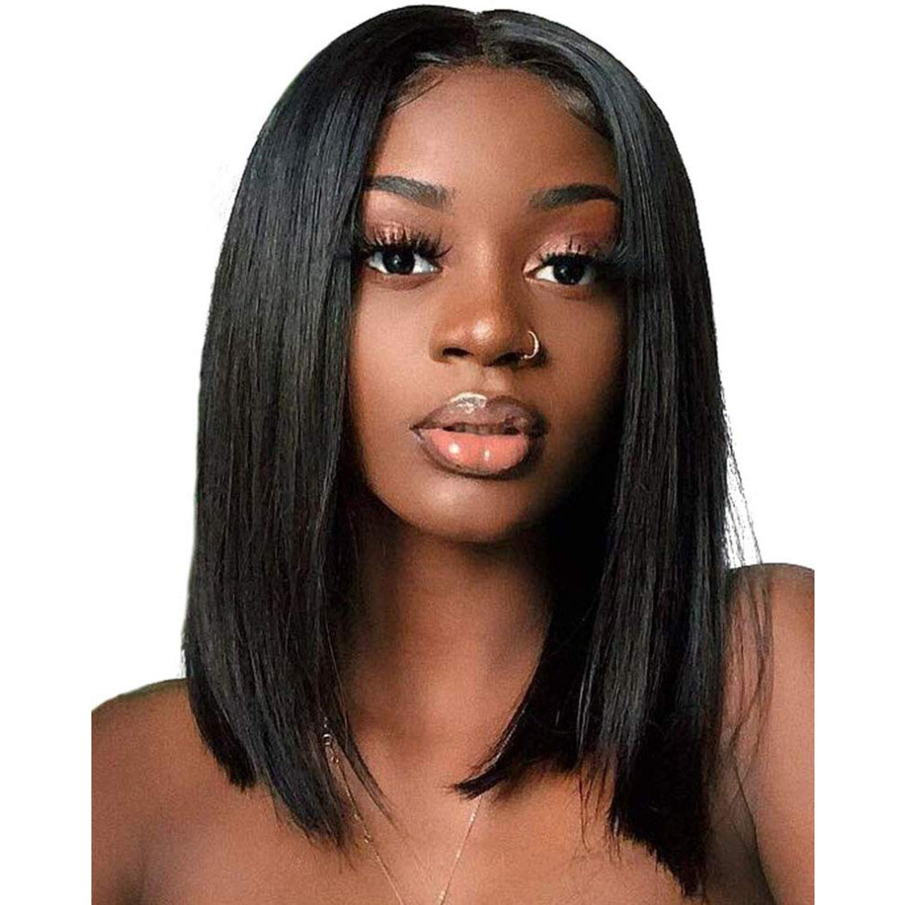 Brazilian Human Hair Wig 14 Inch Straight Bob Lace Front Pre Plucked 150 Density Natural Hairline