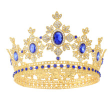 Gold Crystal Bridal Crown with Elegant Rhinestones for Wedding or Prom Princess Style Blue