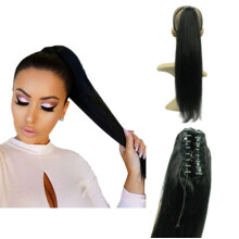 Remy Human Hair Ponytail Extension 22 Inch Dark Auburn Brown Silk Straight Clip for Instant Volume